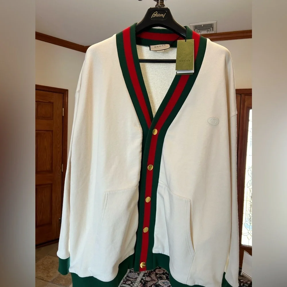 Men's Gucci jersey cotton cardigan web detail size large made in Italy